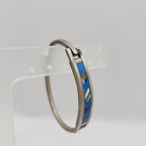 Vintage Mexico Silver Abalone Blue Inlay Hinge Bangle Bracelet 5.5 Inch Slim
